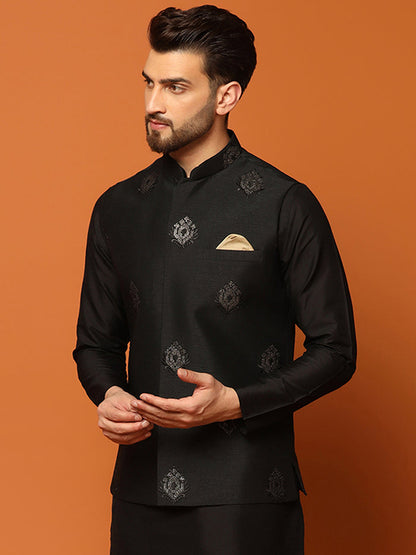 Black Silk Blend Embroidered Nehru Jacket