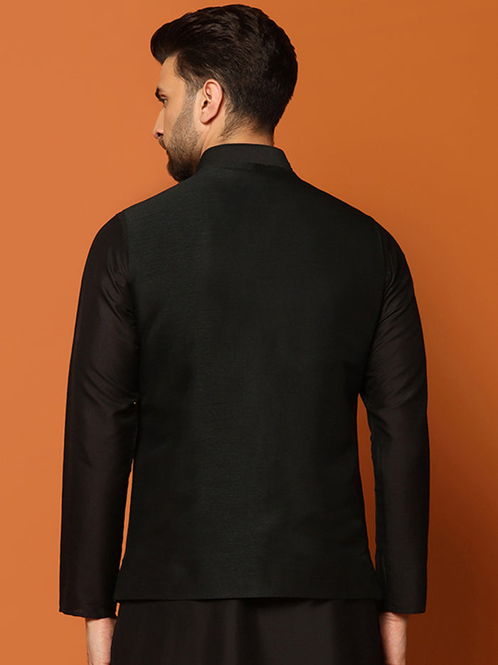 Black Silk Blend Embroidered Nehru Jacket