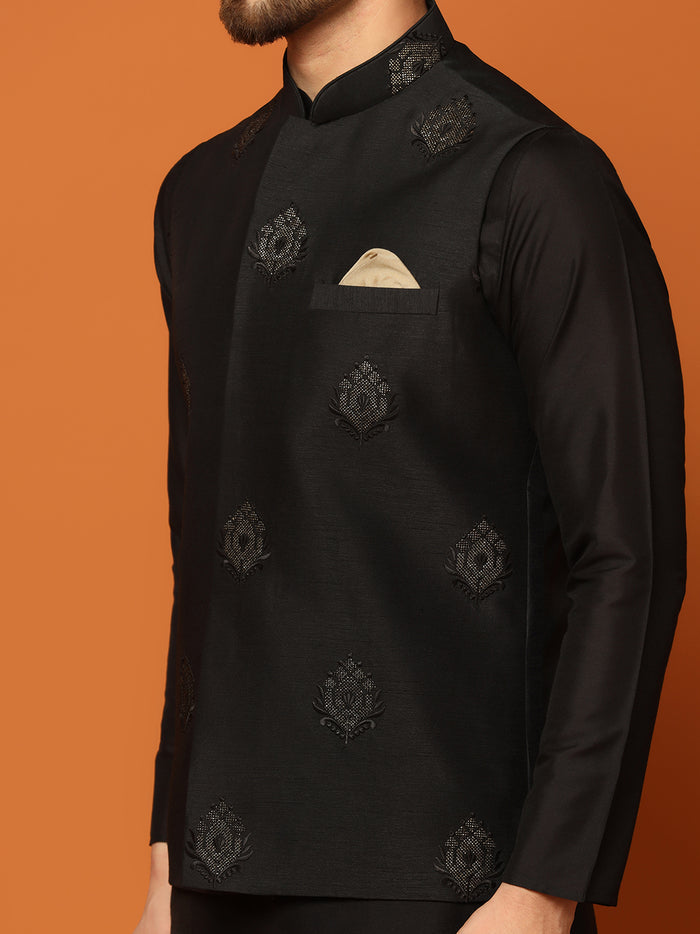 Black Silk Blend Embroidered Nehru Jacket