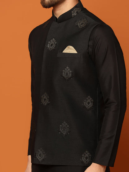 Black Silk Blend Embroidered Nehru Jacket