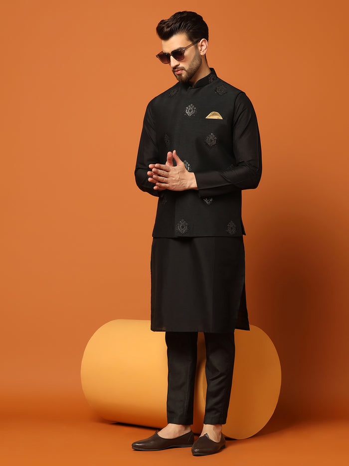 Black Silk Blend Embroidered Nehru Jacket