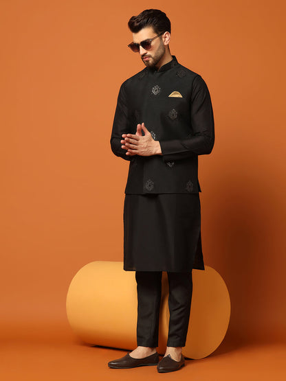Black Silk Blend Embroidered Nehru Jacket