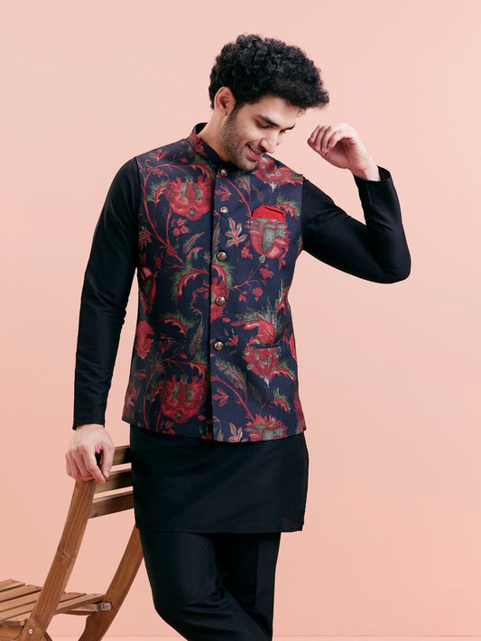 Black Silk Blend Floral Nehru Jacket