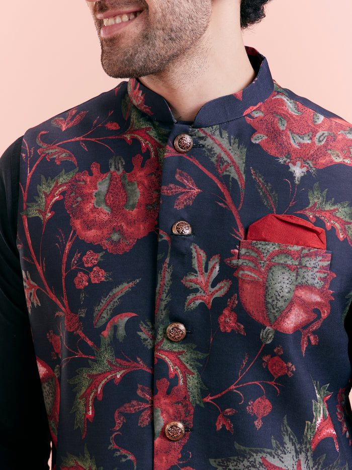 Black Silk Blend Floral Nehru Jacket