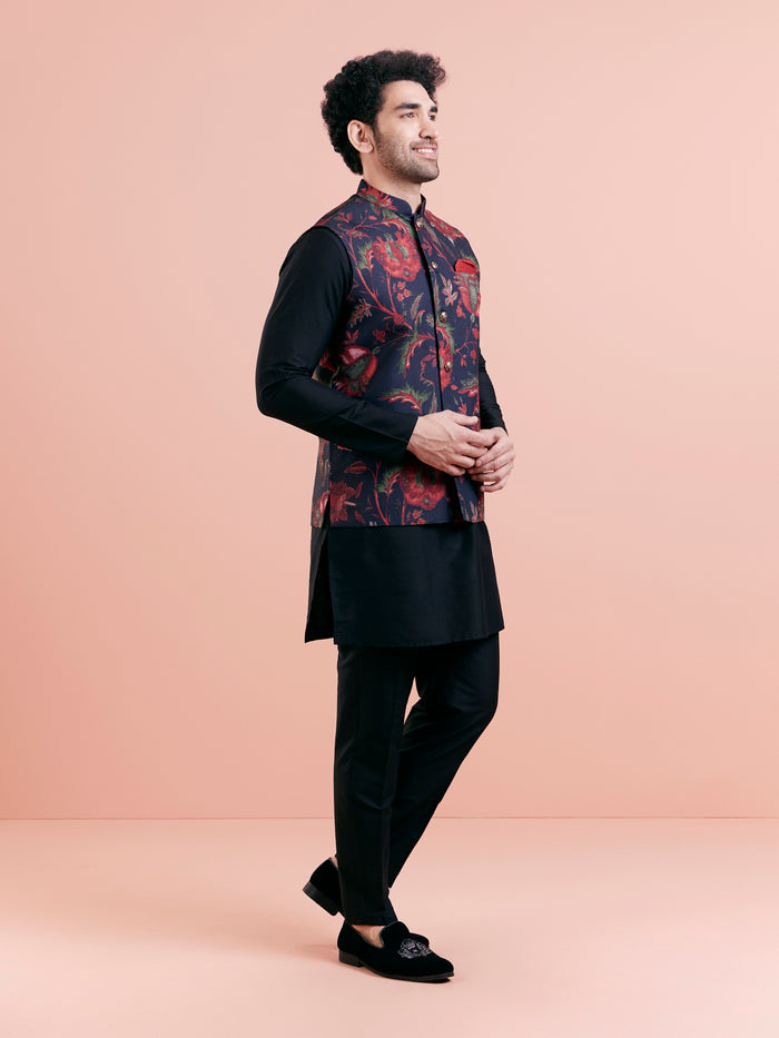Black Silk Blend Floral Nehru Jacket
