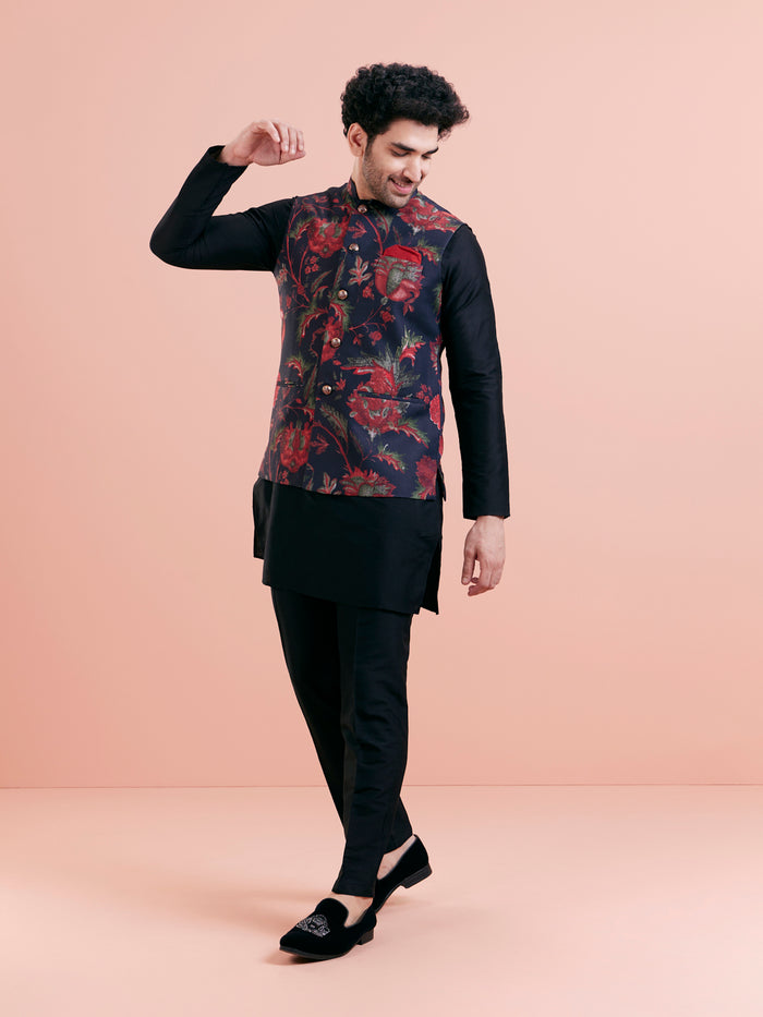 Black Silk Blend Floral Nehru Jacket