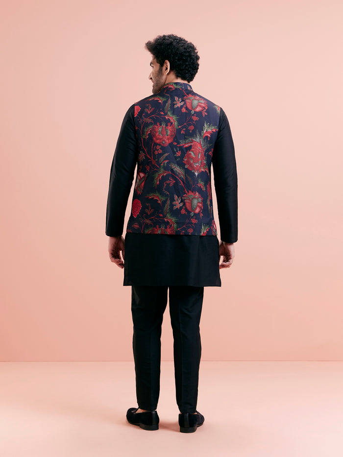 Black Silk Blend Floral Nehru Jacket