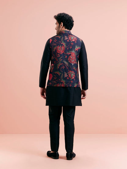 Black Silk Blend Floral Nehru Jacket