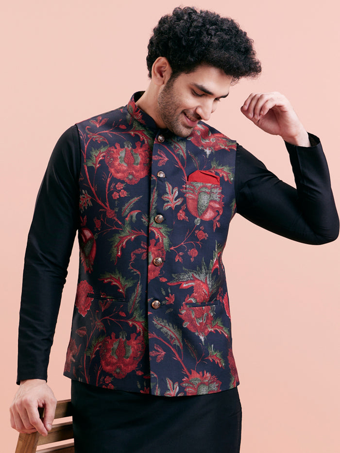 Black Silk Blend Floral Nehru Jacket
