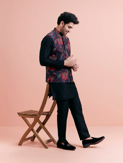 Black Silk Blend Floral Nehru Jacket