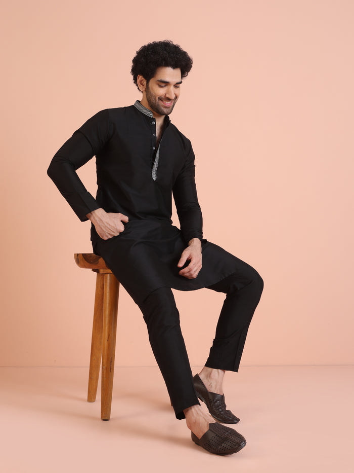 Black Silk Blend Kurta Set with Embroidered Collar Detailing and Matching Trousers