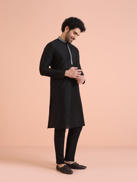 Black Silk Blend Kurta Set with Embroidered Collar Detailing and Matching Trousers