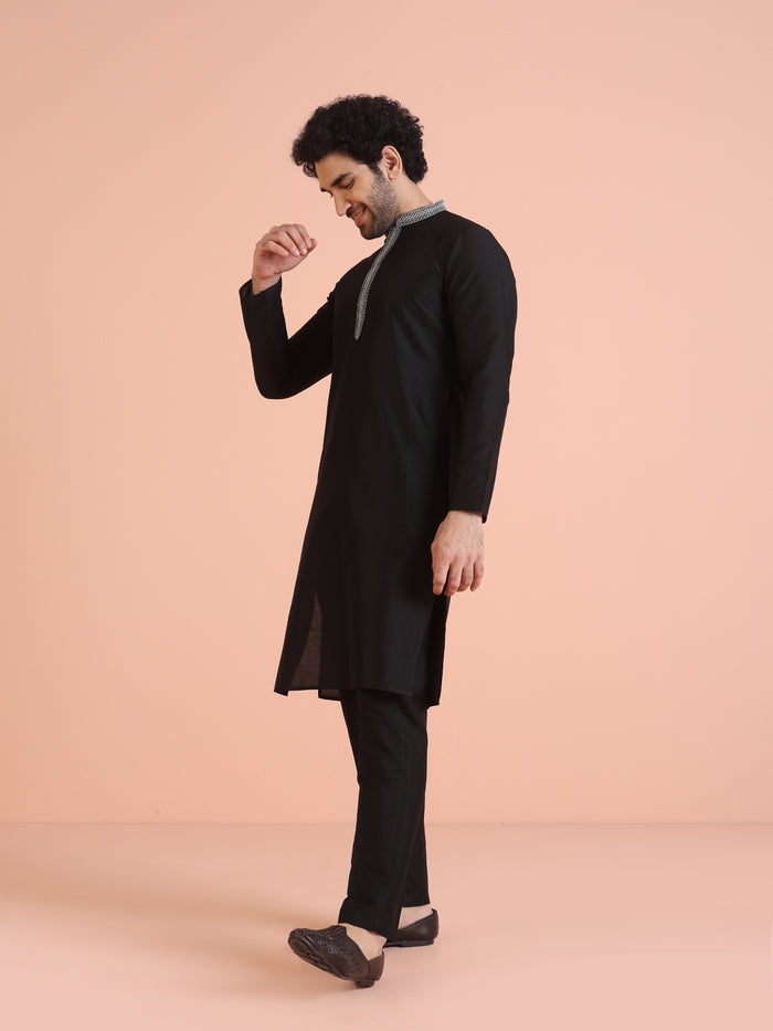 Black Silk Blend Kurta Set with Embroidered Collar Detailing and Matching Trousers