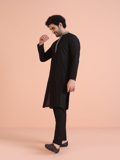 Black Silk Blend Kurta Set with Embroidered Collar Detailing and Matching Trousers