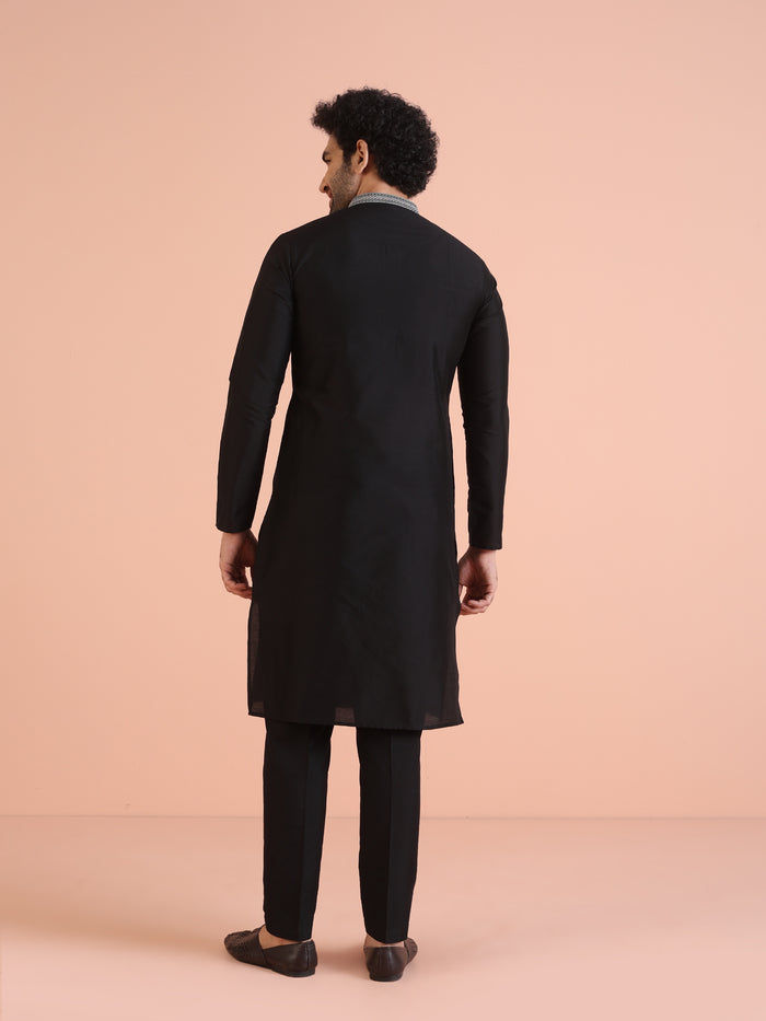 Black Silk Blend Kurta Set with Embroidered Collar Detailing and Matching Trousers