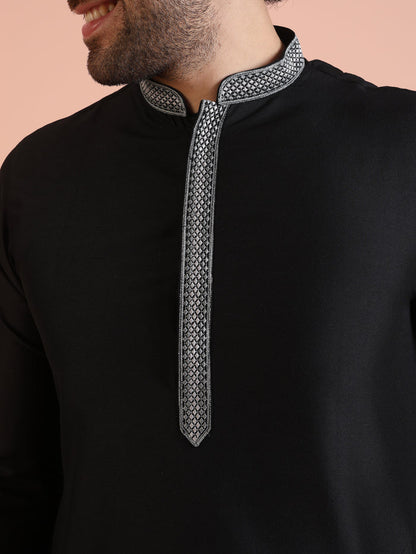 Black Silk Blend Kurta Set with Embroidered Collar Detailing and Matching Trousers