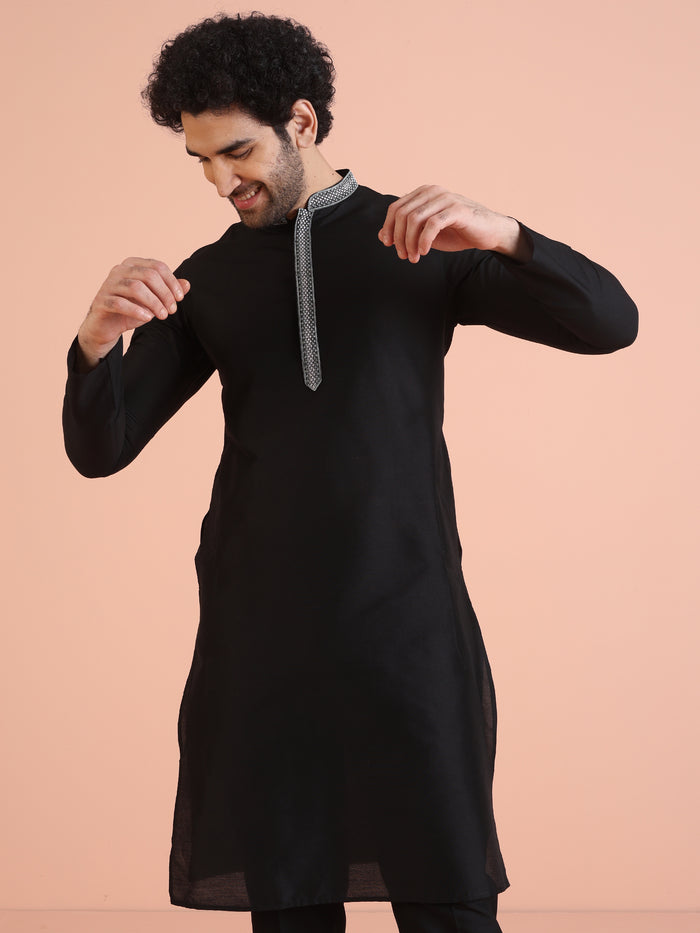 Black Silk Blend Kurta Set with Embroidered Collar Detailing and Matching Trousers