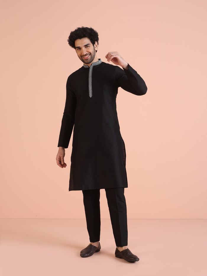 Black Silk Blend Kurta Set with Embroidered Collar Detailing and Matching Trousers