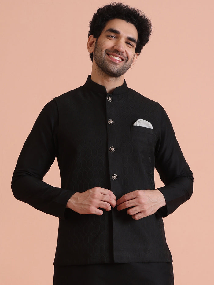 Black Silk Blend Textured Nehru Jacket