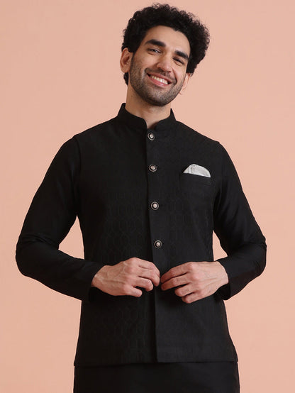 Black Silk Blend Textured Nehru Jacket