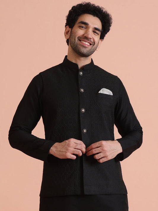 Black Silk Blend Textured Nehru Jacket