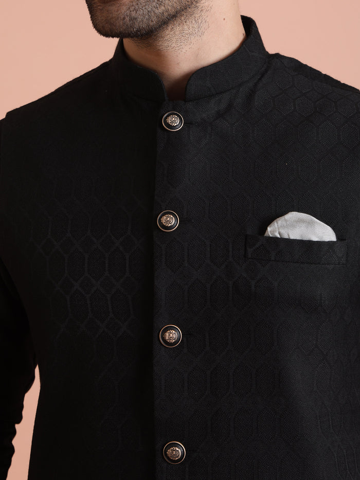 Black Silk Blend Textured Nehru Jacket