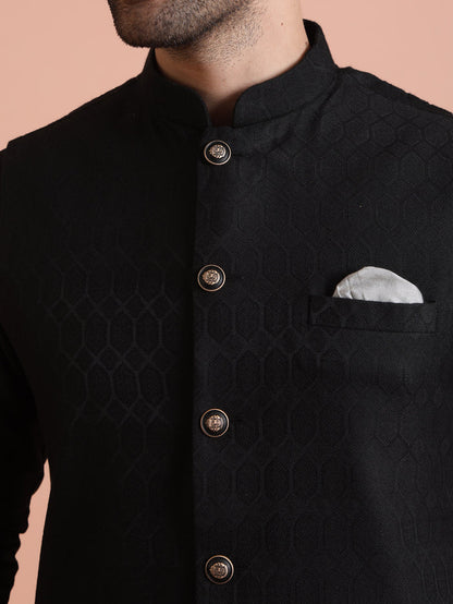 Black Silk Blend Textured Nehru Jacket