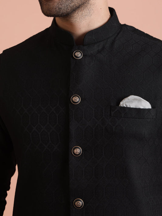 Black Silk Blend Textured Nehru Jacket
