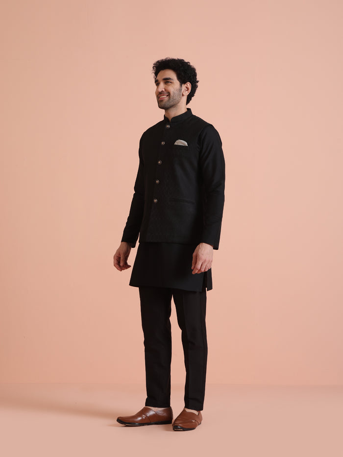 Black Silk Blend Textured Nehru Jacket