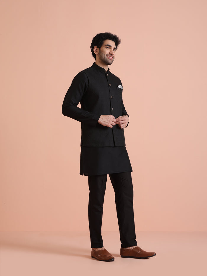 Black Silk Blend Textured Nehru Jacket