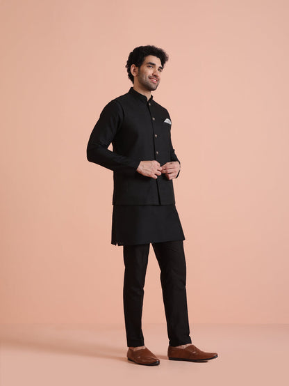 Black Silk Blend Textured Nehru Jacket