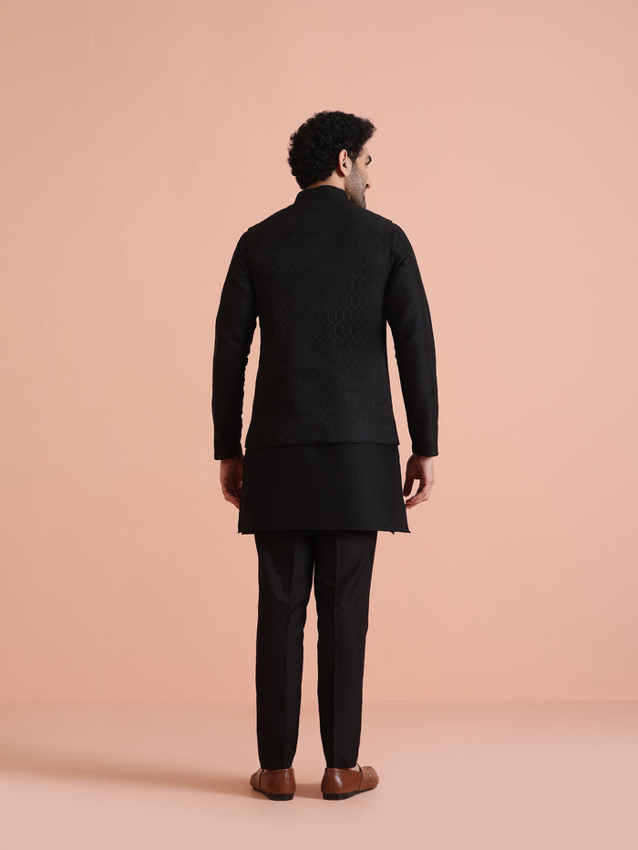 Black Silk Blend Textured Nehru Jacket