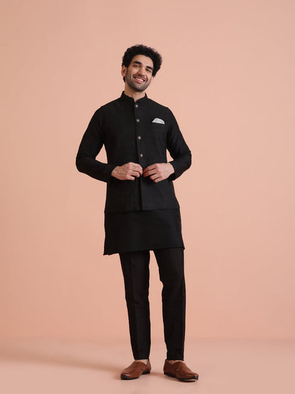 Black Silk Blend Textured Nehru Jacket