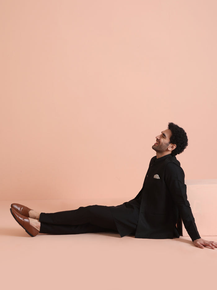 Black Silk Blend Textured Nehru Jacket