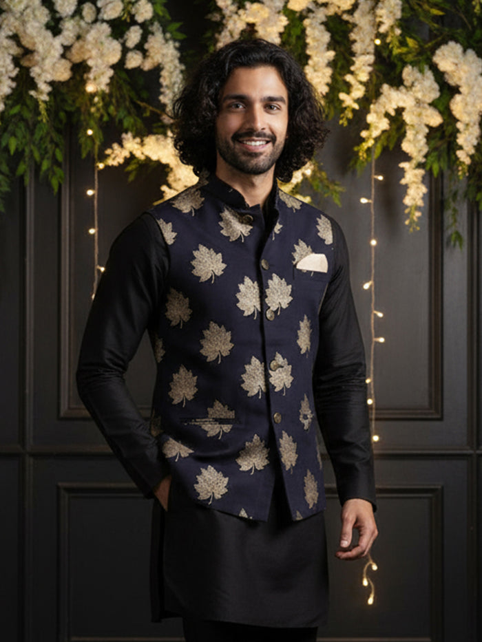 Black Silk Printed Nehru Jacket Bundi