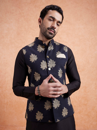 Black Silk Printed Nehru Jacket Bundi