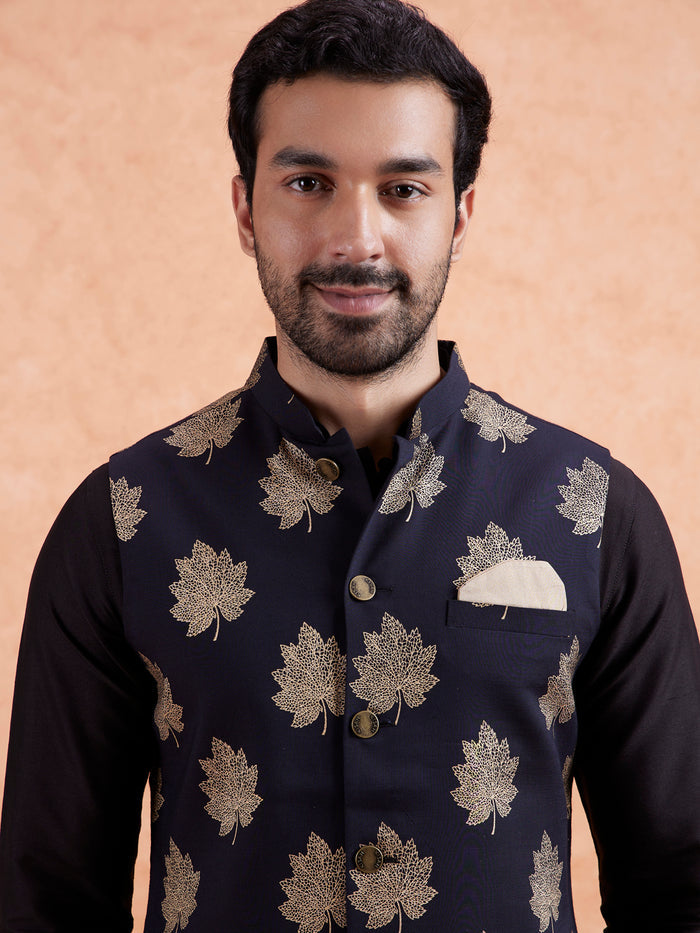 Black Silk Printed Nehru Jacket Bundi