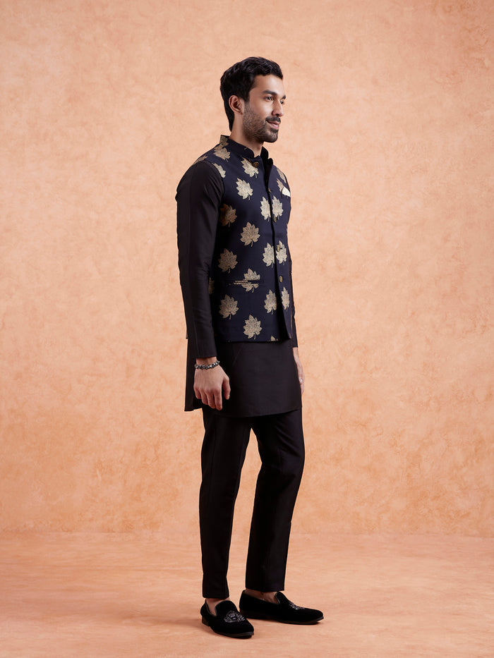 Black Silk Printed Nehru Jacket Bundi