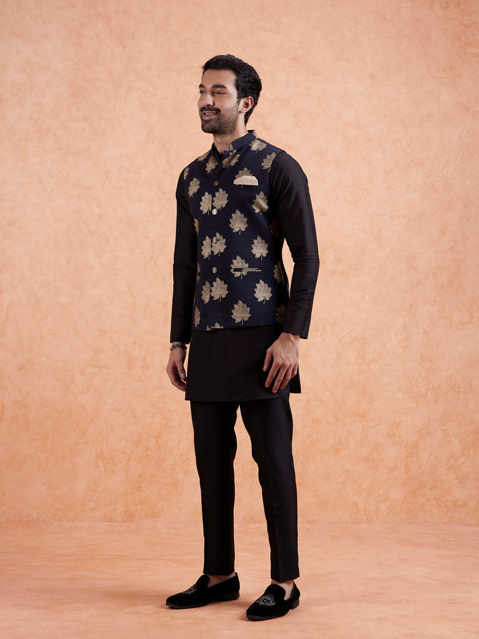 Black Silk Printed Nehru Jacket Bundi