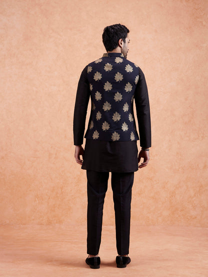 Black Silk Printed Nehru Jacket Bundi