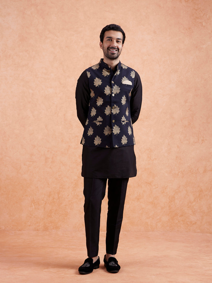 Black Silk Printed Nehru Jacket Bundi