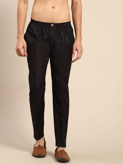 Black Solid Cotton Blend Trouser