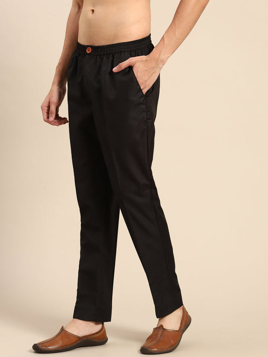 Black Solid Cotton Blend Trouser