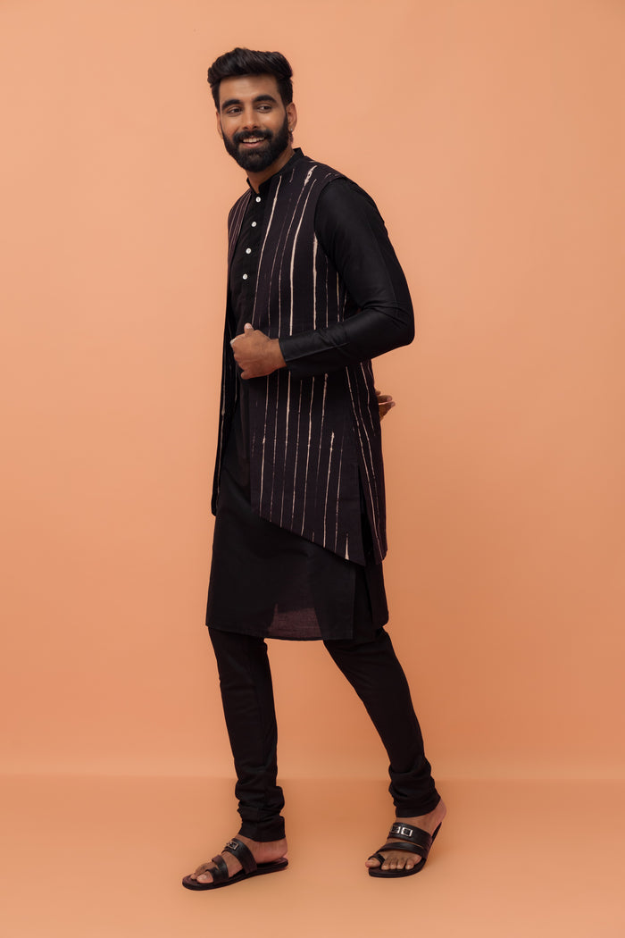 Black Striped Jacket Kurta Churidar Set