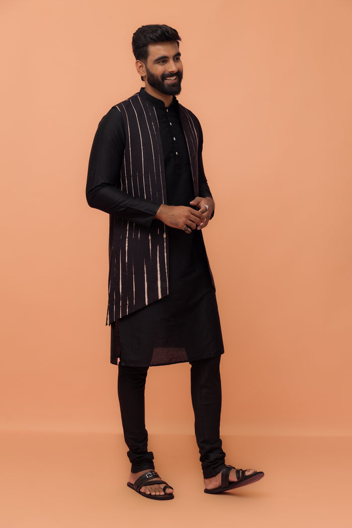 Black Striped Jacket Kurta Churidar Set