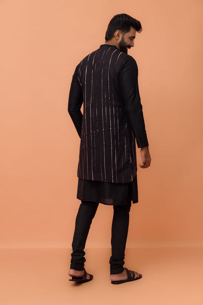 Black Striped Jacket Kurta Churidar Set