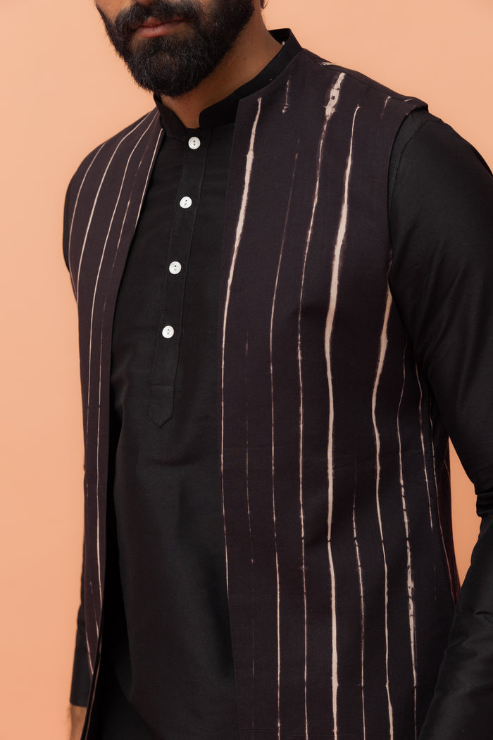 Black Striped Jacket Kurta Churidar Set