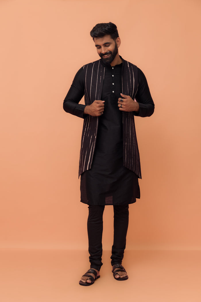 Black Striped Jacket Kurta Churidar Set