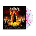 Blood Tithe’s Ruby Splatter Vinyl LP, partially seen behind the cover with a levitating hooded figure above flames. Don’t miss out—secure your Blood For The Starving God vinyl today in our exclusive presale!.