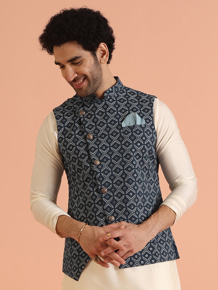 Blue Cotton Printed Nehru Jacket Bundi